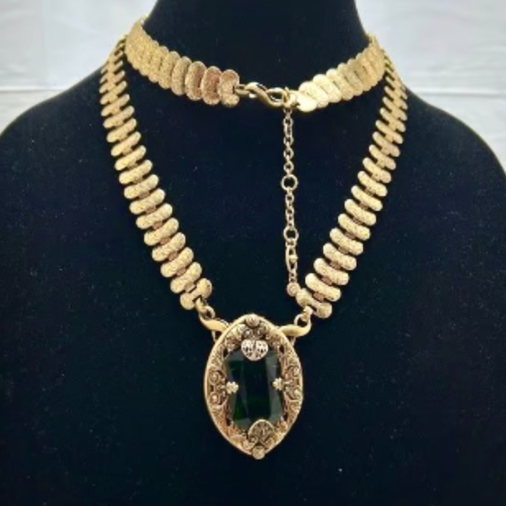 CAbi Gold Necklace with Large Green Centerpiece long textured wide necklace